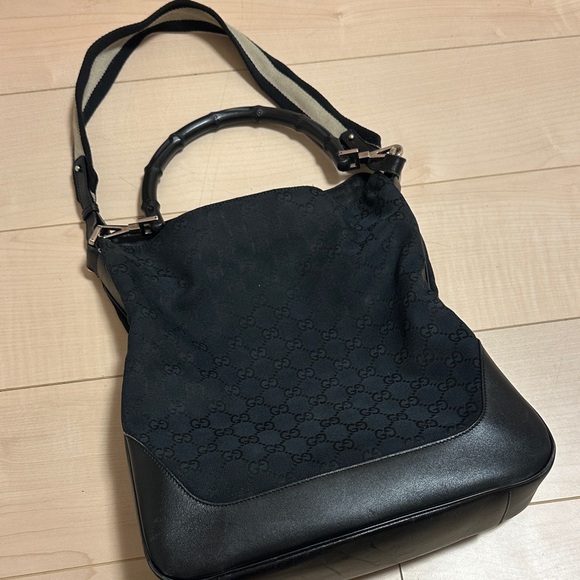 Gucci Black Monogram Bag with Bamboo and Stripe Handle - Picture 1 of 12